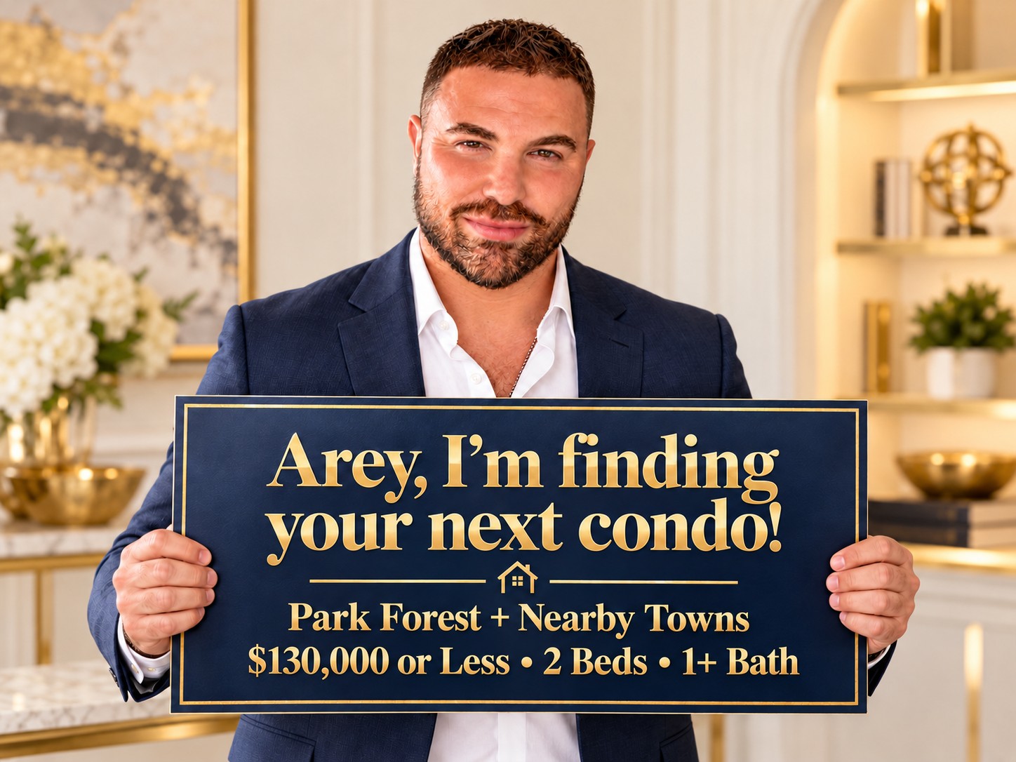 Jason Rosenberg holding a gold-lettered sign for Arey's home search